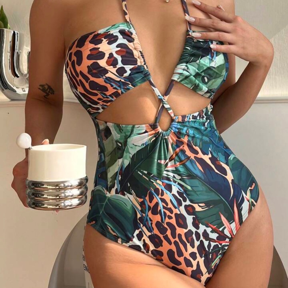 Shein M Tropical / Leopard Print Cut Out Waist Halter One Piece Swimsuit NWT